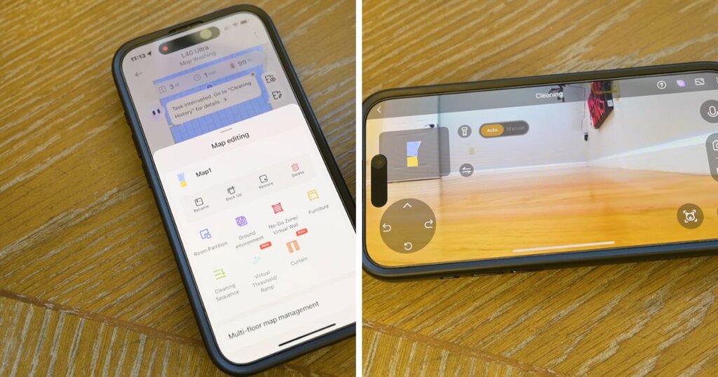 Two smartphone screens displaying the Dreame L40 Ultra app interface. One shows map editing features, while the other shows a live cleaning camera view with manual control options.