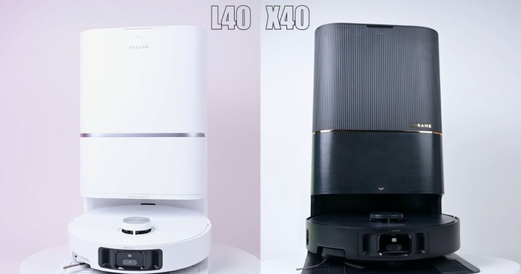 Side-by-side view of Dreame L40 Ultra in white and Dreame X40 Ultra in black, showcasing design and dock differences.