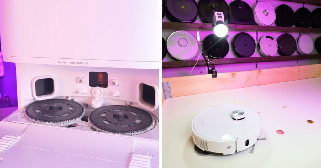 Left: Inside view of Dreame L40 Ultra's base station showing mop pad cleaning area. Right: L40 Ultra robot vacuum cleaning a white surface under bright lighting, with multiple other robot vacuums displayed on the wall behind.