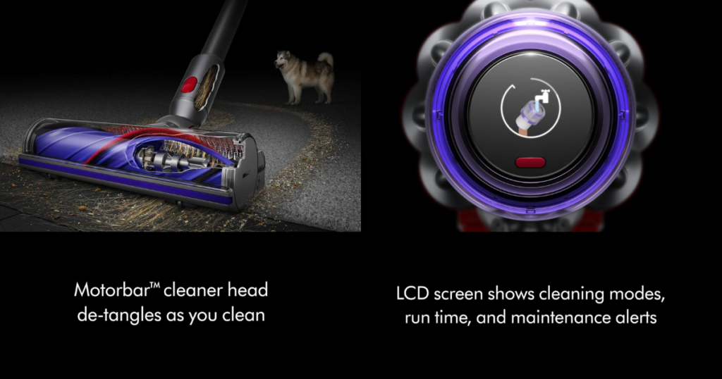 Dyson Digital Slim's Motorbar cleaner head and LCD screen