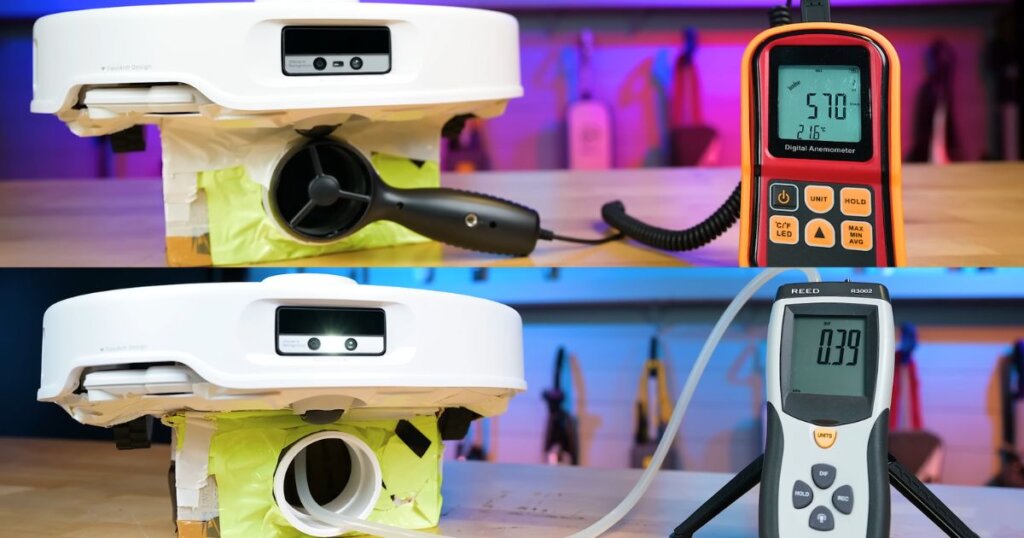 Side-by-side test images of airflow and pressure measurements being taken from the Roborock QRevo Curv using digital instruments.