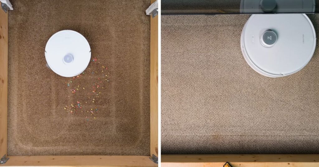 Top-down view of Roborock QRevo Curv performing a debris pickup test on brown carpet, with visible before and after cleaning results.