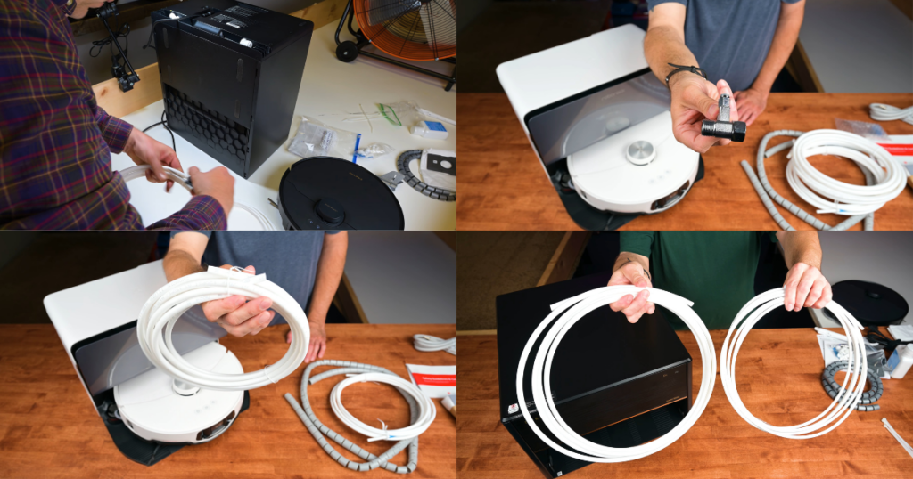Four images showing plumbing accessories and waterline components included with the Roborock and Dreame docking stations, such as tubing, adapters, and connectors.
