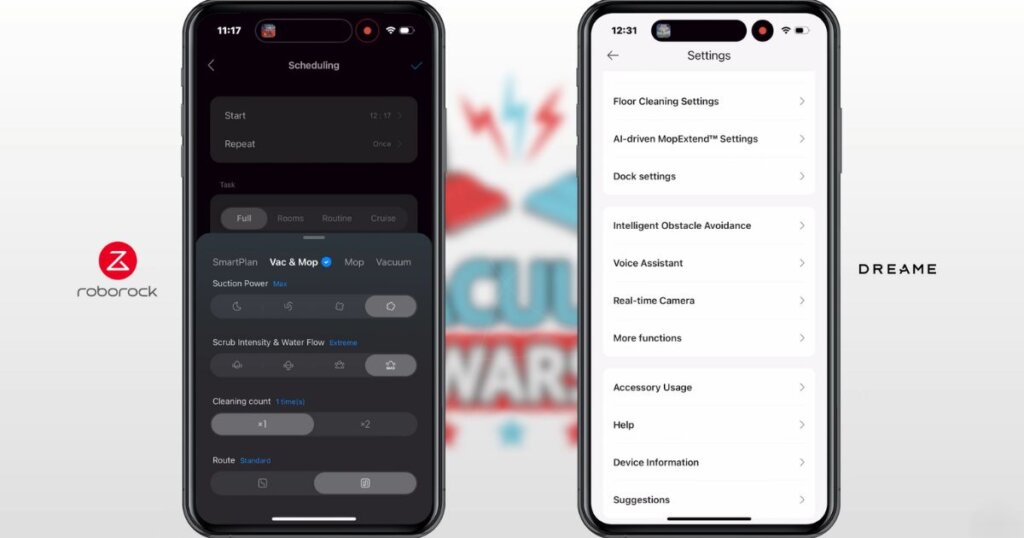 Side-by-side comparison of the Roborock and Dreame app interfaces on smartphones, showing Roborock’s detailed scheduling controls and Dreame’s settings menu with smart features.