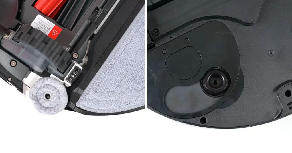 Close-up view of the mop pads on the Roborock S8 MaxV Ultra and Dreame X40 Master, highlighting the edge design differences for reaching into corners and along walls.