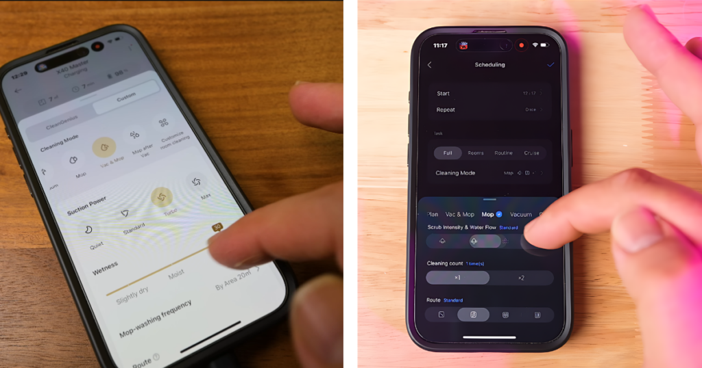 App controls for the Dreame X40 and Roborock S8 MaxV robot vacuums