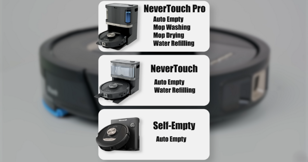 Comparison of three Shark robot vacuum models—NeverTouch Pro, NeverTouch, and Self-Empty—highlighting their key features.