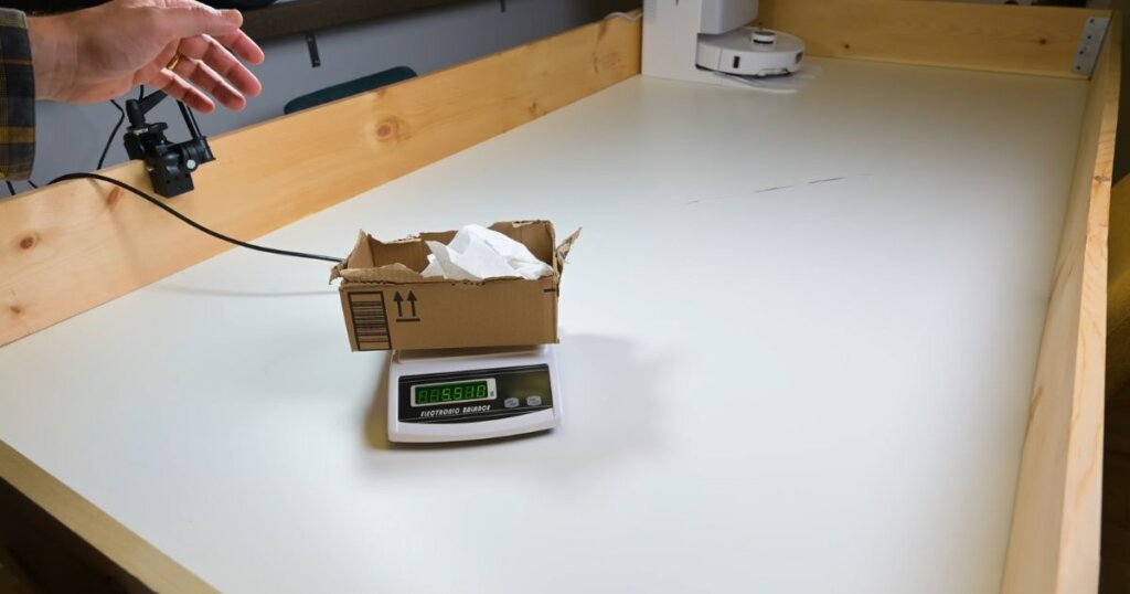 A cardboard box filled with paper towels is placed on an electronic scale, part of the Roborock Qrevo Edge water usage test setup, with the vacuum dock visible in the background on a white test surface.