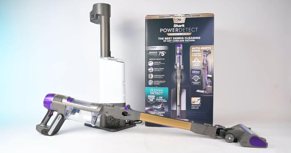 The Shark PowerDetect Clean and Empty vacuum displayed alongside its packaging and auto-empty dock.