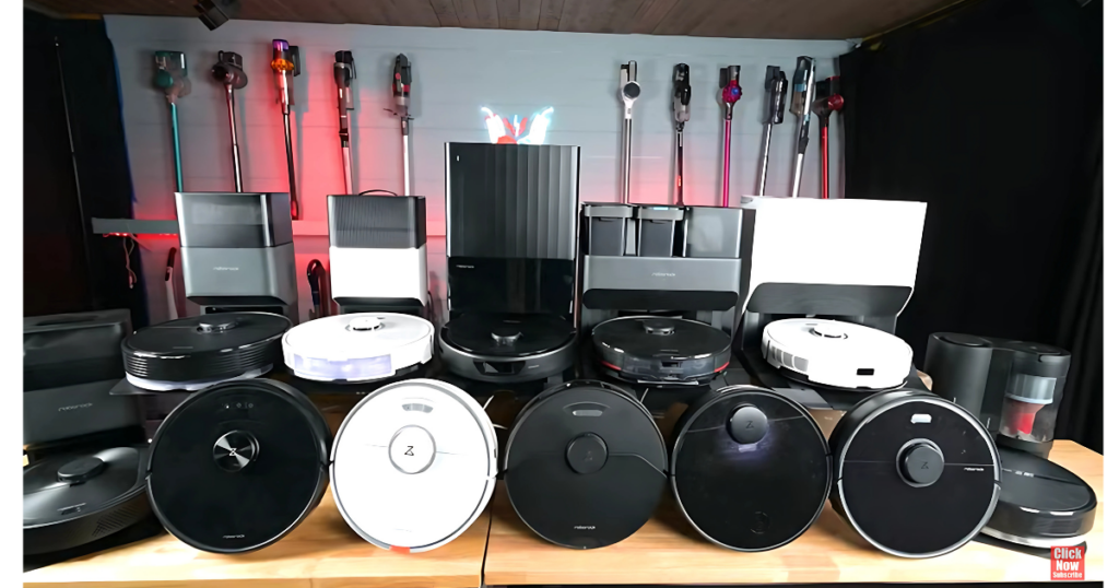 Several Roborock models lined up in the Vacuum Wars studio