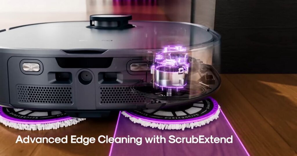 Eureka J15 Pro Ultra robot vacuum with advanced edge-cleaning technology and extending mop pads in action.