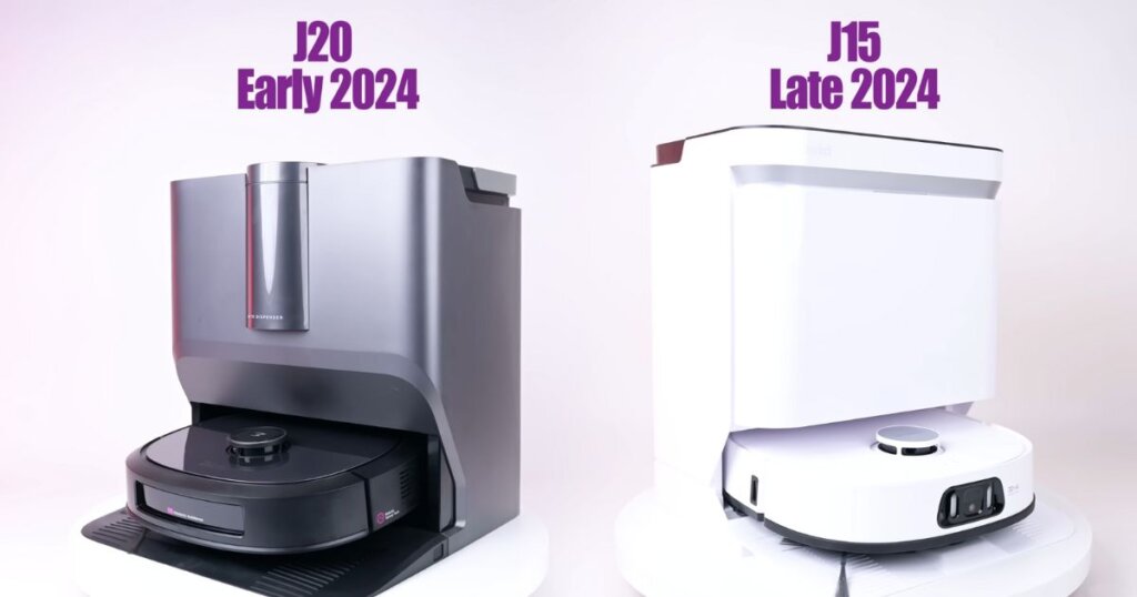 A side-by-side view of the Eureka J15 Pro Ultra and J20 robot vacuums, showing their docking stations in a review setting.