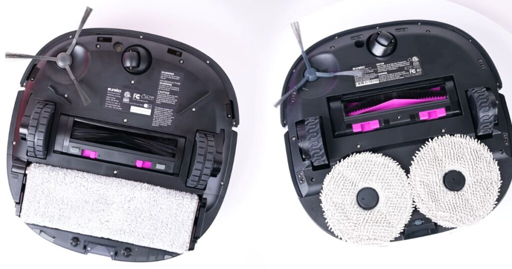 Underside comparison of the Eureka J20 and J15 Pro Ultra, showing the mop pad differences—J20 with a flat cloth and J15 Pro Ultra with dual spinning pads.