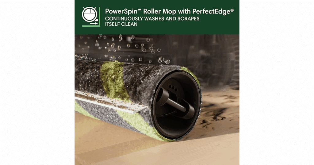 iRobot Roomba 705 Combo's continuous-clean roller mop spins at 200 rpm, extends to one side, and has a protective cover that lifts and shields carpets
