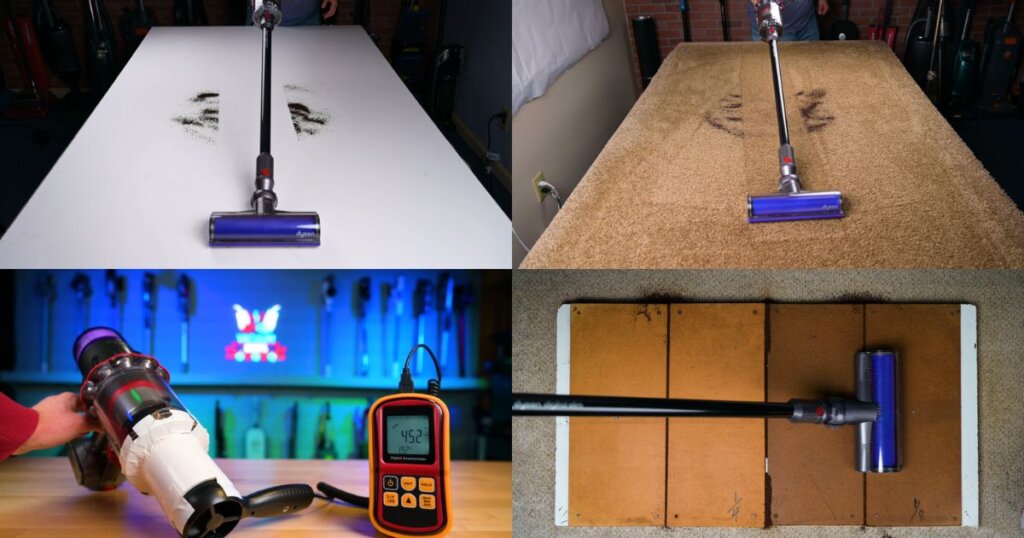Four-part collage showing different testing scenarios for the Dyson Digital Slim: on hard floors, carpet, with airflow meter, and on debris panels.