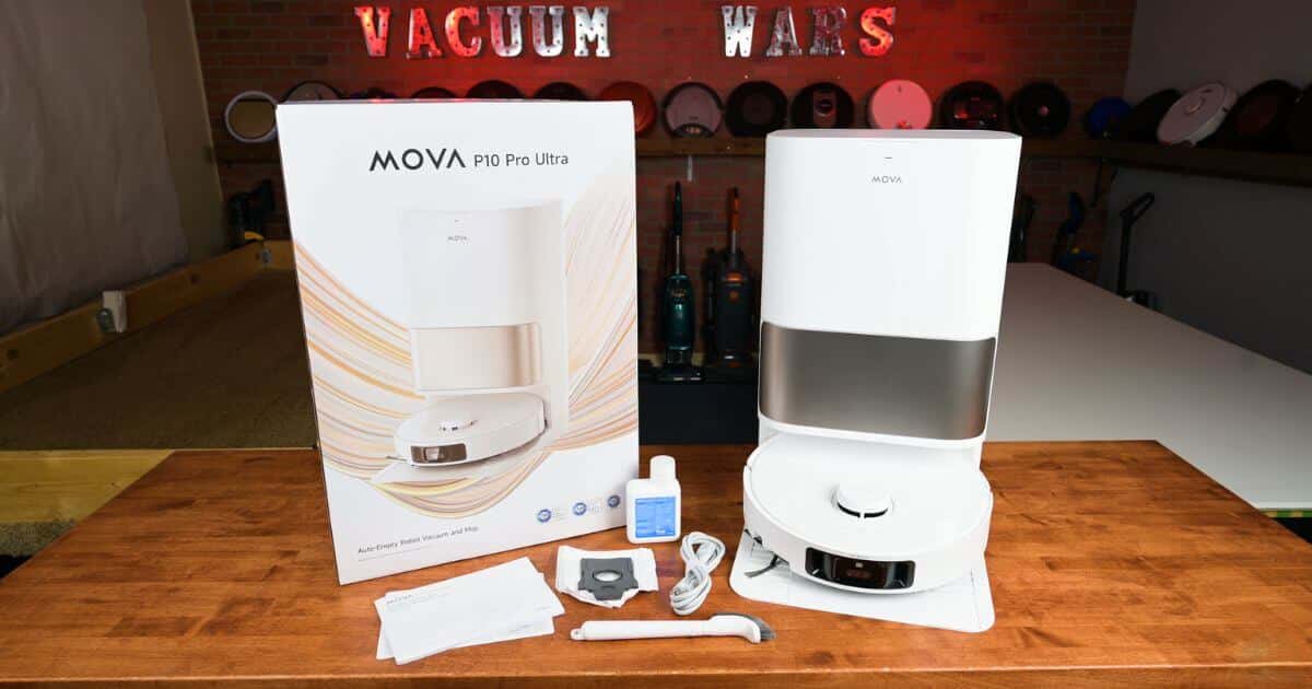 MOVA P10 Pro Ultra robot vacuum and dock setup shown with retail box and included accessories on a tabletop.