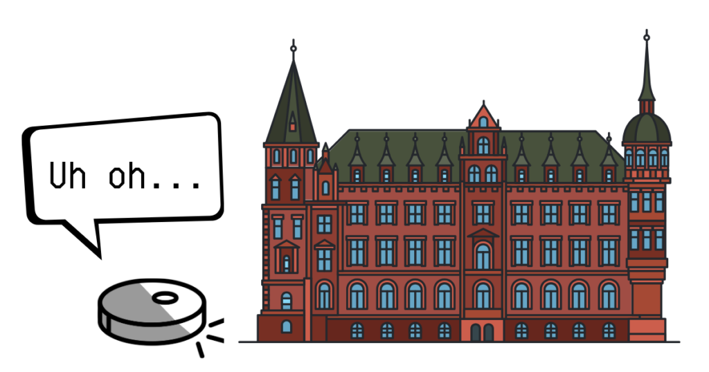 A robot vacuum facing a large multi-floor mansion.