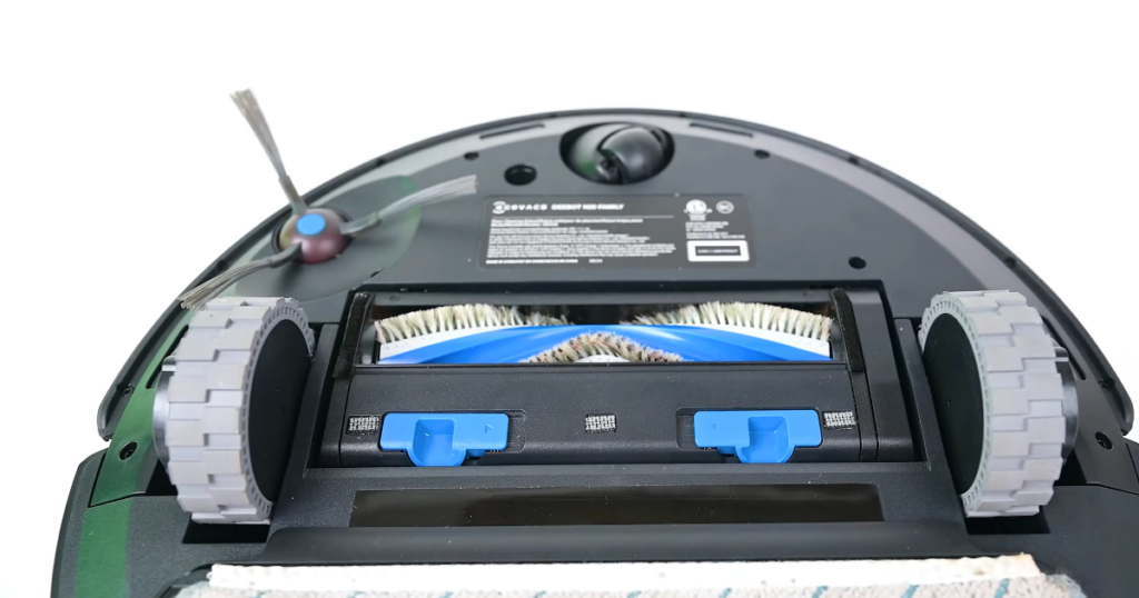 A Deebot N series robot underside view of brushes