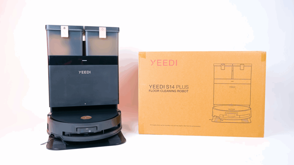 Yeedi S14 Plus robot vacuum next to original box labeled “Yeedi S14 Plus Floor Cleaning Robot.”