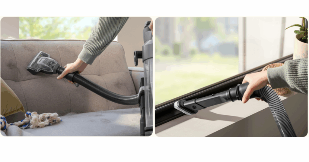 Bissell Pet Hair Eraser Allergen Lift-Off Attachments vacuuming furniture and crevices.