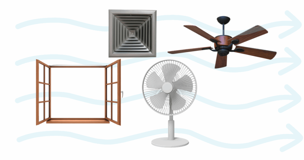 An open window, table fan, ceiling far, and air vent.