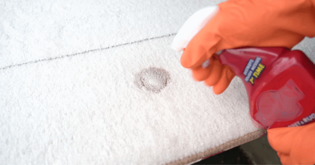Spraying a carpet stain with a carpet spot cleaner.