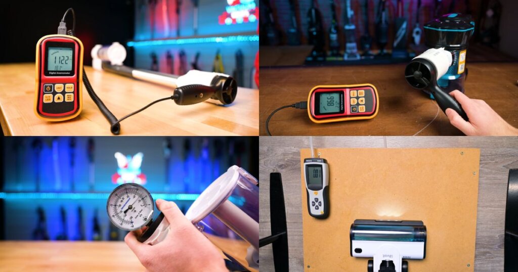 Collage of four test scenarios using different meters to measure suction, airflow, and pressure on vacuums.