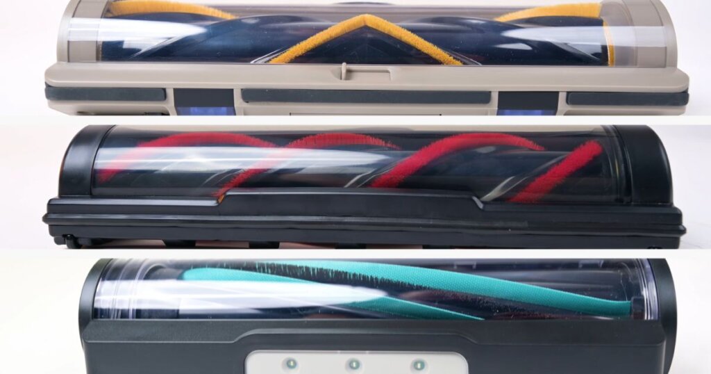 Side-by-side comparison of three different cordless vacuum floor heads with visible brush rolls.