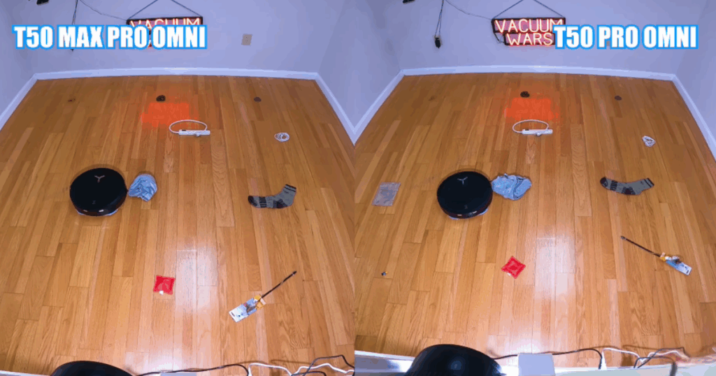 Overhead view of Vacuum Wars' obstacle avoidance evaluations of the Deebot T50 Pro and T50 Pro Max Robot Vacuums.