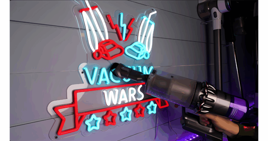 Handheld vacuuming a Vacuum Wars sign.