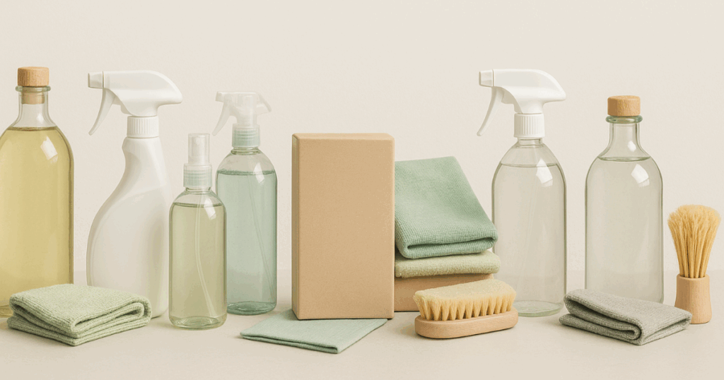 Glass bottles with light liquid and assorted cloths.