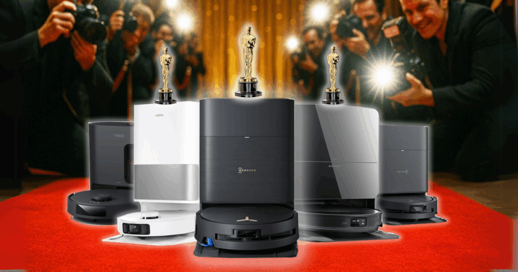 Robot vacuums on a "red carpet" with photographers smiling.