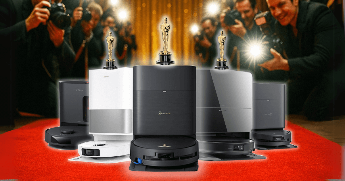 Robot vacuums on a "red carpet" with photographers smiling.