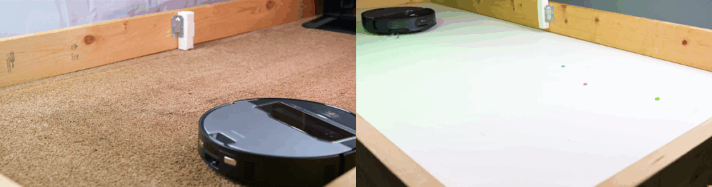 The Saros Z70 vacuuming debris from carpet and hard floor.