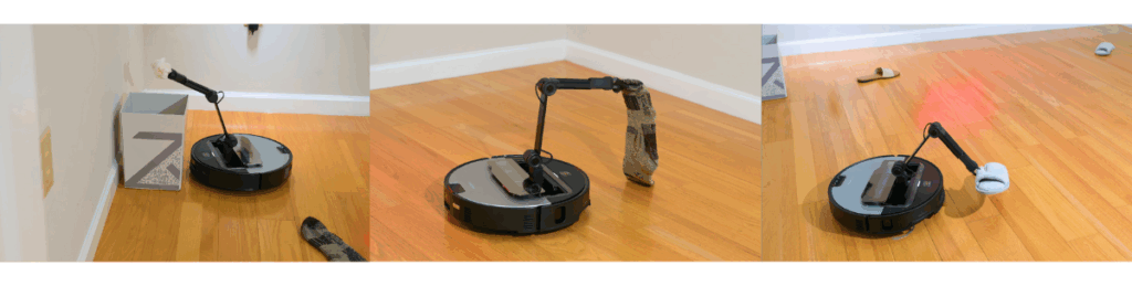 The Saros Z70 Robot Vacuum is picking up a paper ball, a sock, and a slipper in three separate images.