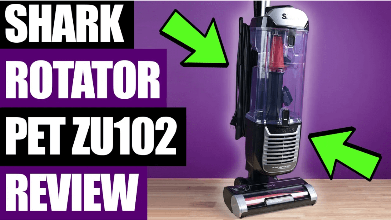 Image showing the Shark Rotator Pet ZU102 vacuum with bold text reading “Shark Rotator Pet ZU102 Review” and green arrows pointing to the vacuum.