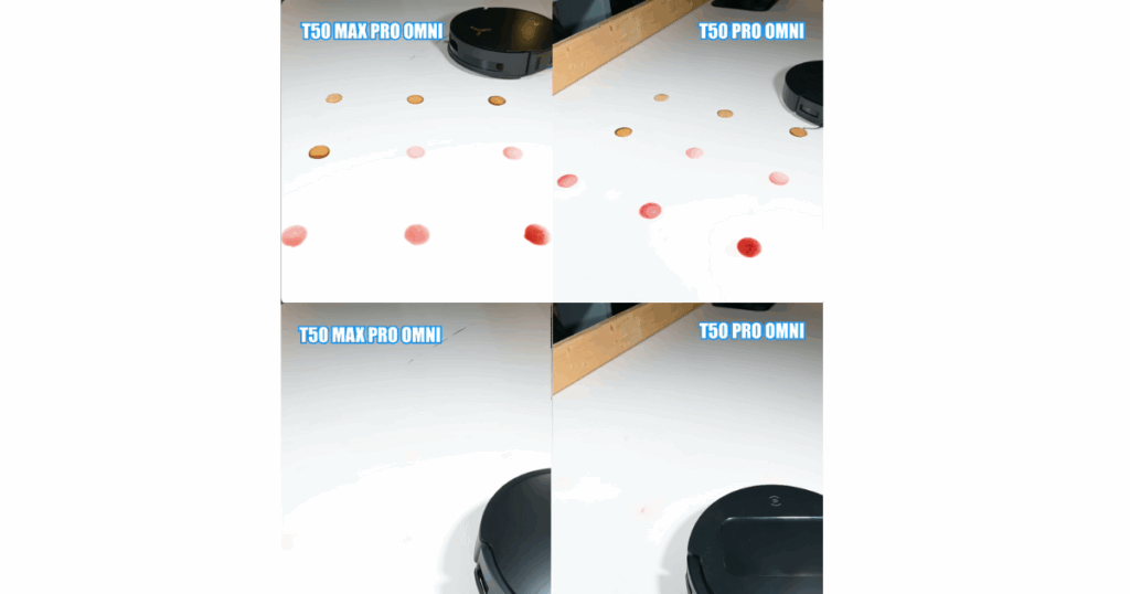Before and after dried on stain mopping tests showing no stains left behind either the T50 Max or T50 Max Pro Robot Vacuums.