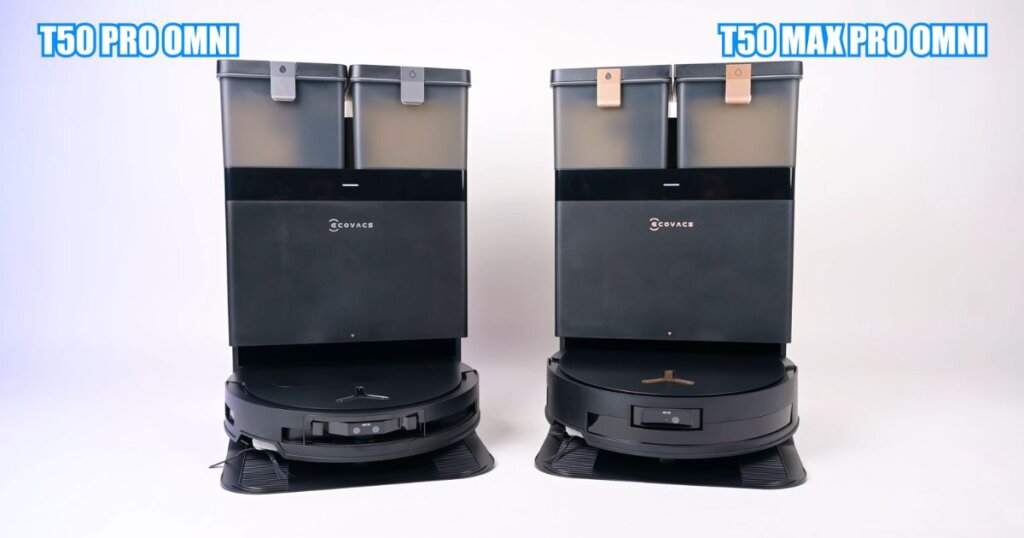 Side-by-side photo of the Ecovacs T50 Pro Omni and T50 Max Pro Omni in their charging stations with clear visual differences.