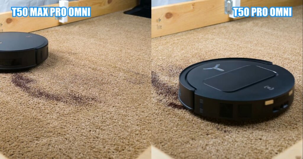 Side-by-side image of the T50 Max Pro Omni and T50 Pro Omni robot vacuums cleaning carpets with visible dirt trails during testing.
