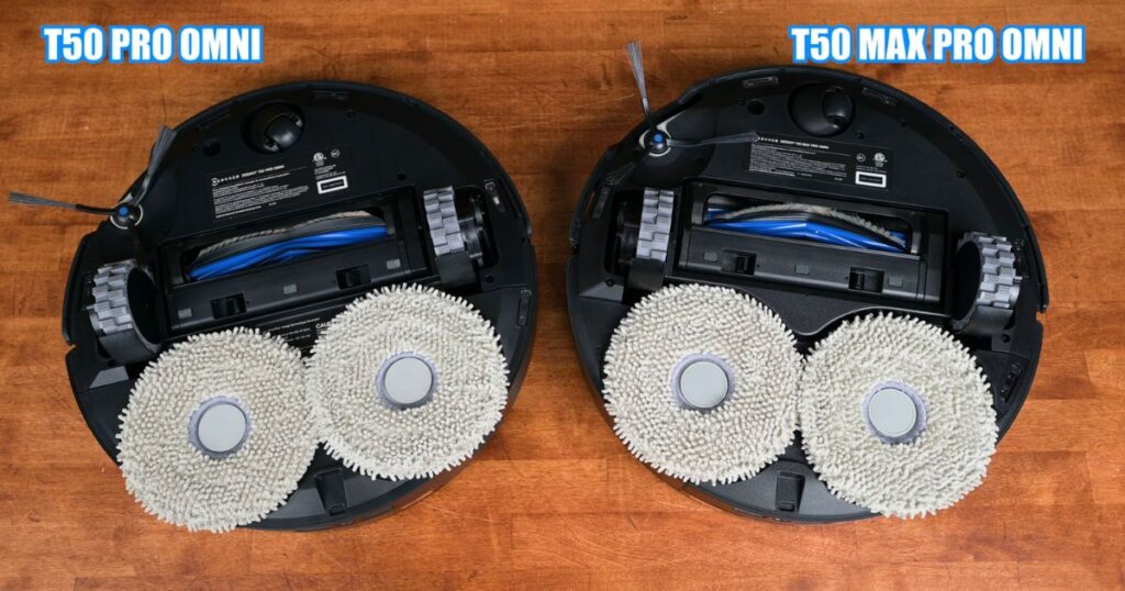 Top-down view of the undersides of the Ecovacs T50 Pro Omni and T50 Max Pro Omni, showing their mop pads, side brushes, and brush roller assemblies.