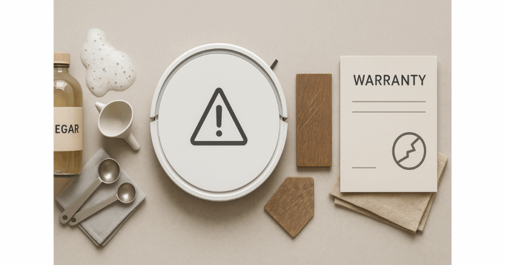 A Robot Vacuum with cleaning agents and a warning symbol.