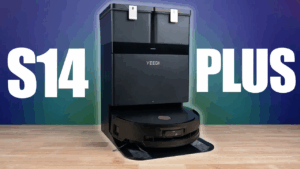 Yeedi S14 Plus robot vacuum and dock on hardwood floor with gradient background and large text “S14 PLUS.”