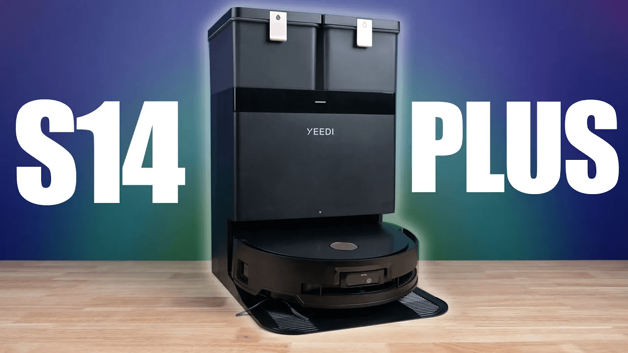 Yeedi S14 Plus robot vacuum and dock on hardwood floor with gradient background and large text “S14 PLUS.”