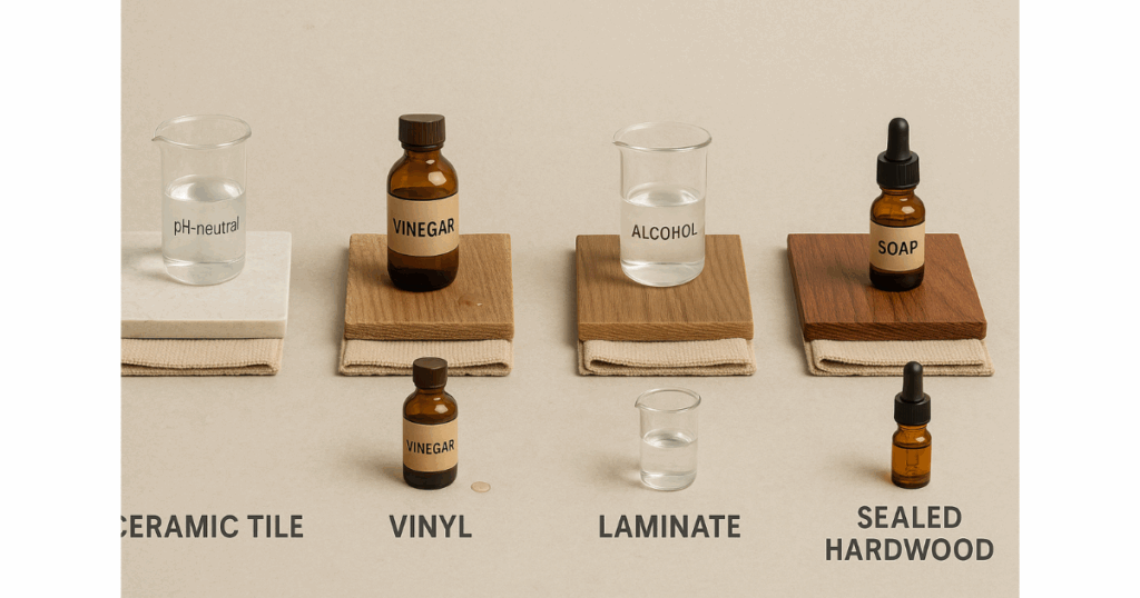 Various floor materials and cleaning agents.