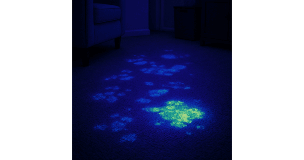 Carpet stains revealed with the use of a black light.