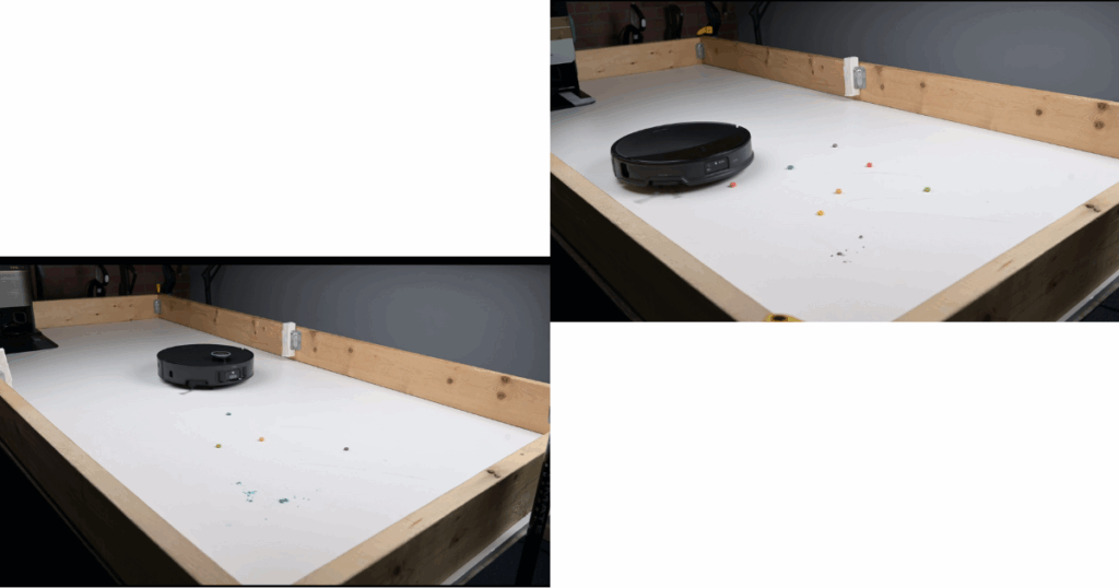 Despite average bench tests, the Dreame X50 (left) and Roborock Saros 10R (right) had no trouble sweeping up debris of all sizes