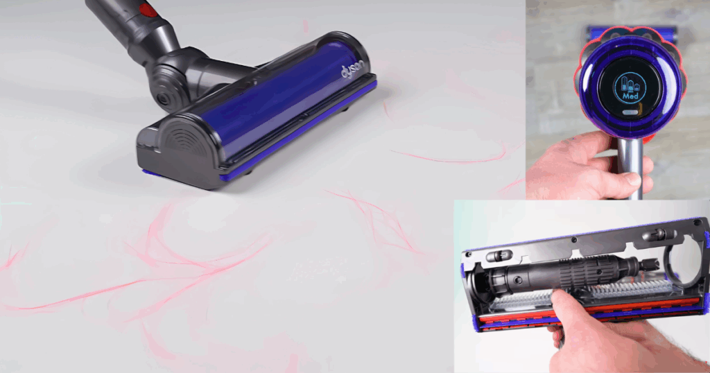 Collage featuring Dyson Digital Slim’s brush head on hair-covered floor, digital screen in “Med” mode, and internal roller brush maintenance view.
