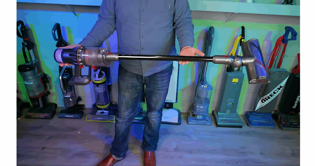 Person holding the Dyson Digital Slim horizontally in a testing room, showcasing its balance and lightweight design.