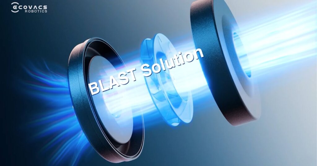 Diagram of Ecovacs BLAST Solution motor tech, showing airflow through components with blue energy lines.