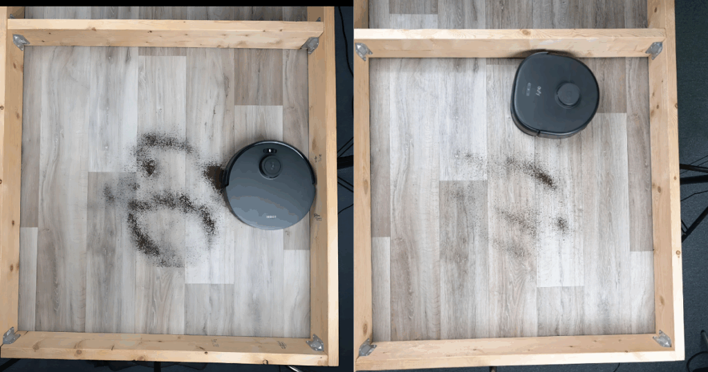 Both the Ecovacs T30S (left) and the Eufy X10 Pro Omni were good at sweeping up debris from hard floors and carpets